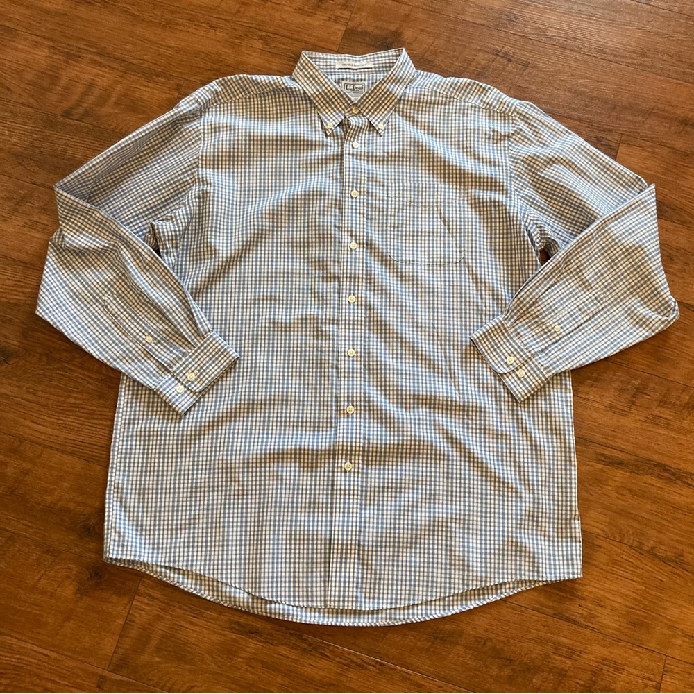 LL Bean Plaid Men’s Button Down Shirt Size XL Tall Blue White Wrinkle Resistant